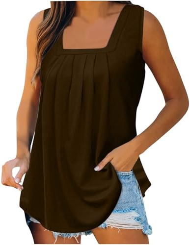 Canottiera estiva da donna, senza maniche, maglietta anteriore piegata, tinta unita, scollo angolare, tunica, oversize, camicetta lunga, elegante, per il tempo libero, larga, taglie forti, marrone