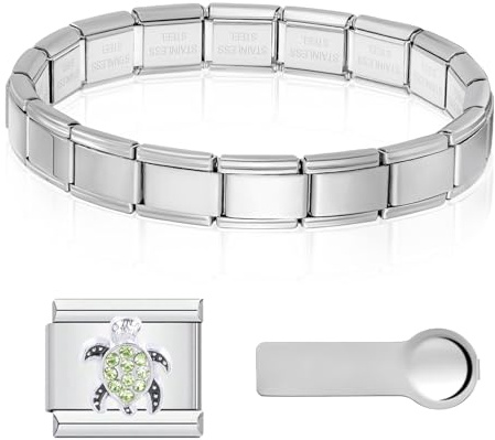 CENCERY Kit de démarrage 3 en 1 pour bracelets à breloques italiennes : bracelet à maillons italiens dorés en acier inoxydable de 9 mm avec breloques et outil de retrait (Tortue)