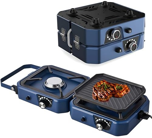 BOOZXCV Estufa de Camping a Gas, Estufas Plegables para Acampar con Barbacoa, Estufa de Gas de 2000 W, con Plancha, quemadores Ajustables de 16000 Btu y Encendido piezoeléctrico