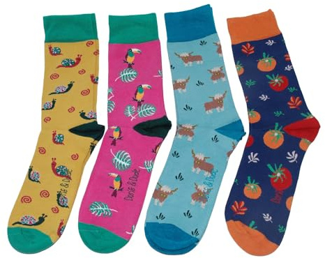 Doris & Dude Men Bamboo Organic Crew Socks 4 Pair Gift Box Lg 7-11 Mix Tomato Highland Cow Toucan Snail Multicoloured Soft Durable Sustainable Smooth Toe Breathable