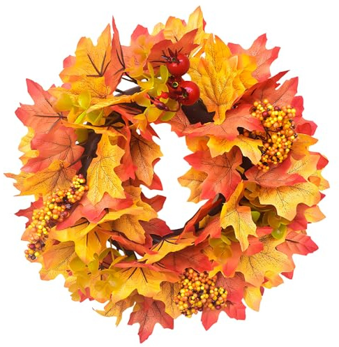 Türkranz Herbst, 30cm Herbstdeko Kranz mit Künstliche Ahornblatt Granatapfel Beeren Herbstkranz Haustür, Wandkranz Herbst Deko Kranz Türdeko Fensterdeko Hängend für Thanksgiving Erntedank Hochzeit