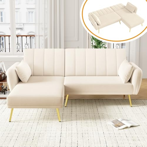 Kebnor Modernes Klappsofa, L-förmiges Sofa, Schlafsofa mit Zusatzecke, Ecksofa mit Schlaffunktion, geeignet für Wohnzimmer, Schlafzimmer, Heimkino, Gästezimmer. (Beige)