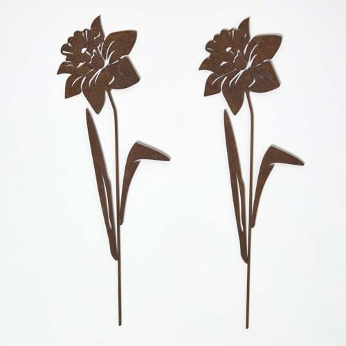 HOMESCAPES Metal Garden Stakes Decorative, Set of 2 Rustic Metal Flowers Silhouette, 37cm Narcissus Flower Stake, Weatherproof Vintage Outdoor Ornament for Gardens, Plant Pots, Planters & Balcony