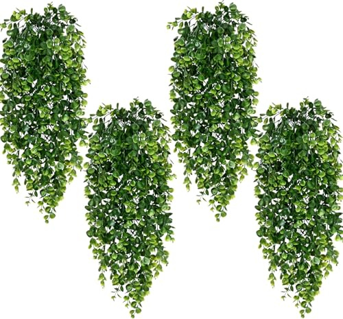 JAODFK 4 Pcs Fake Hanging Plants 2.7ft Fake Plants Eucalyptus Leaves Resistant Fake Vines Ivy Artificial Plants Outdoor Faux Plants Indoor Bedroom Living Room Boho Wall Porch Shelf Decor
