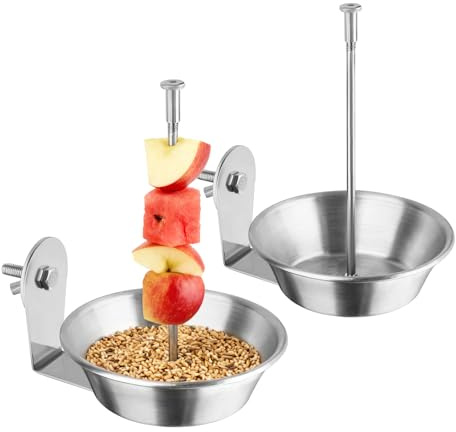 LOURCQVO 2 Pack Bird Cage Feeder with Skewer for Vegetable & Fruit, Parrot Treats Food Holder with Bowl Dish, No Mess Budgie Parakeet Cockatiel Foraging Toys Cage Accessories
