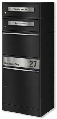 Metzler Paketbox con 2 buzones – Buzón doble con compartimento para paquetes y grabado de nombre, tapas personalizadas de acero inoxidable – Buzón de paquetes para exteriores XXL – Negro – Modelo