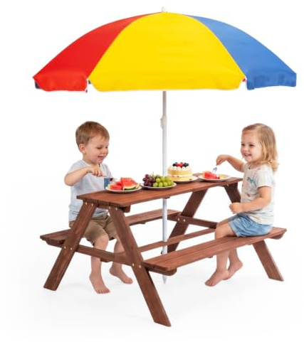 Bonnlo Kids Picnic Table with Umbrella, Wooden Toddler Picnic Table and Chair Set with Removable Parasol, Outdoor Activity Table with Benches for Patio Garden Backyard (Dark Brown)