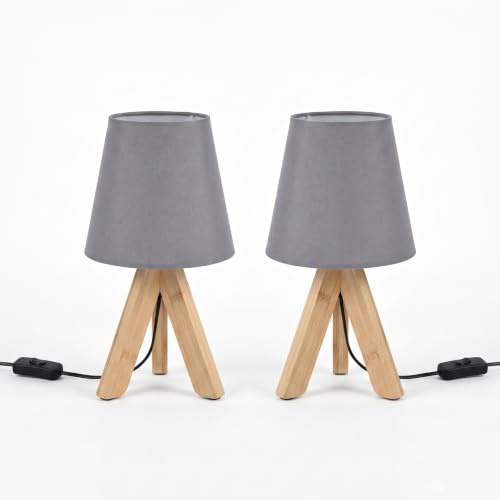 MinteVolt Nachttischlampe Bambus Stativ mit hellgrauem Stoff-Schirm | 2er Set Moderne Tischlampe E14 Fassung, 32 cm hoch – ohne Leuchtmittel