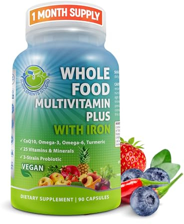 Vegan Whole Food Daily Multivitamin with Iron, Methylated Multivitamin for Women and Men, Made with Fruits & Vegetables, B-Complex, Probiotics, Enzymes, CoQ10, Omegas, Turmeric, Non-GMO, 90 Count