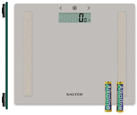 Salter 9113 GY3R Digital Bathroom Scale - Analyser Body Weight Scale, Max 150kg, Measure Weight/Body Fat & Water, BMI, Toughened Glass Platform, 8 User Memory, Athlete Mode, Slim Storage Design, Grey