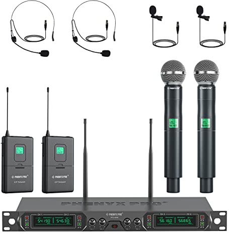 Phenyx Pro Wireless Microphone System, 4-Channel UHF Wireless Mic Set with Handheld/Bodypack/Headset/Lapel Mics, Fixed Frequency Metal Cordless Microphone for Church,Singing,DJ(PTU-5000-2H2B)