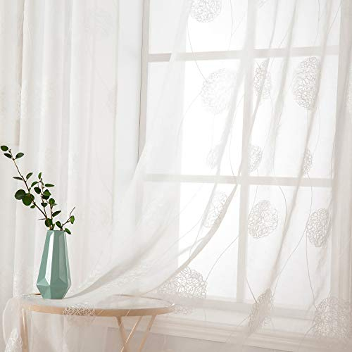 MIULEE Vorhänge mit Florales Stickerei, Gardinen Weiß für Wohnzimmer, Schlafzimmer Vorhang Transparent mit Ösen, 2er Set Voile Blumen Durchsichtig Vorhänge, Jeder H 145 X B 140cm