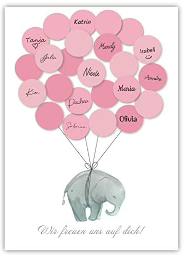 Pandawal Babyparty Deko Mädchen Elefant Gästebuch (Rosa) Baby Shower Gastgeschenk Taufe, Pullerparty Erinnerungsstück/Andenken beschreibbar/Fingerabdruck