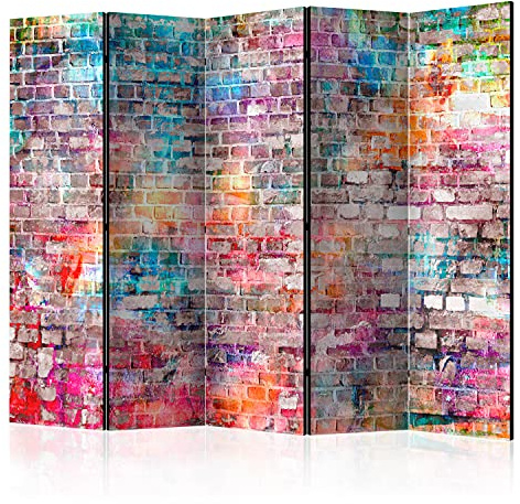 murando - Paravent Raumteiler Ziegel, 225x172 cm, 5-teilig, Wohnzimmer | Mobiler Sichtschutz, sofort einsatzbereit, Holzrahmen, ideal fürs Wohnzimmer oder Büro, geruchsneutral, lichtbeständig