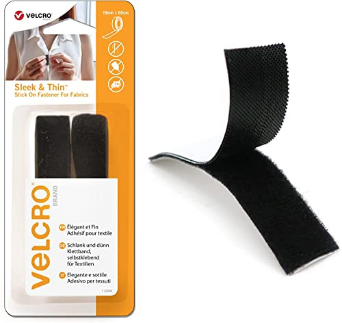 VELCRO Marke | Eleganter & dünner Klebeverschluss für Stoffe | Stark haftender Klettverschluss, selbstklebend, perfekt zum Basteln, Reparieren und Säumen von Kleidung | Schwarz | 19 mm x 60 cm