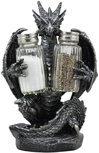 Ebros Gift Blackened Spice Black Semi Metallic Colored Medieval Gothic Dragon Salt And Pepper Shakers Set Holder Statue 7.75Tall Legend Of The Swords Fantasy Scorch Fire Dragon Figurine