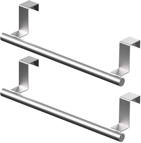 Qflushor Over Cabinet Towel Bar 9, Kitchen Towel Rack Over Cabinet Door, Stainless Steel Cabinet Door Towel Holder, Dish Towel Holder for Cabinet Door, Silver, 2 Pack