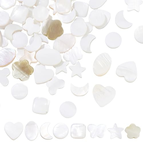 NBEADS 96 Stück 8 natürliche Muschelperlen, weiße Perlmutt und Schmetterling Herz Stern Mond für Schmuck Ohrring Halskette