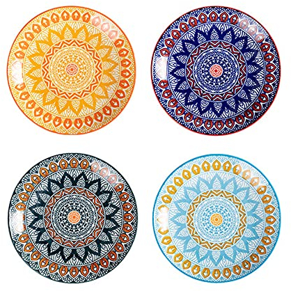 fanquare Juego de 4 Platos de Pasta de Porcelana - Juego de Platos de Cerámica Floral Boho de 20cm, Plato Lateral para Ensalada, Pasta, Postre, Fruta, Pastel, Aperitivo