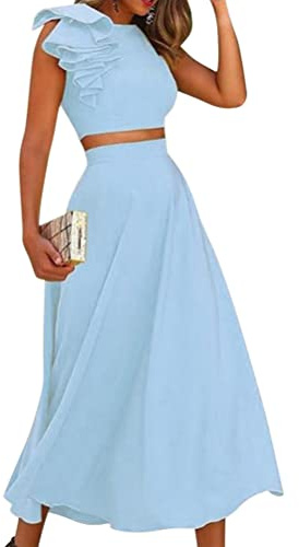 ORANDESIGNE Femme Ensemble Crop Top Et Jupe Longue Tenue de Soiree Chic et Glamour Sexy Costume Tailleur 2 Pièces Outfit Elegant Travail Décontractée au Bureau Mode Set Vetement Bleu L