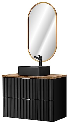 Lomadox Waschplatz Set, 80cm breit, ovaler LED Spiegel, schwarzes Keramik Aufsatzwaschbecken, schwarz matt mit Eiche Nb., Front gerillt, B/H/T ca. 80,6/200/46,5 cm