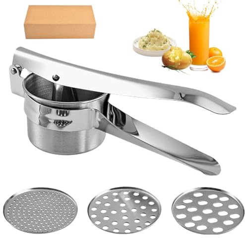 FDKJOK Potato Ricer, Mash Potato Masher Stainless Steel with 3 Interchangeable Discs, Heavy Duty Food Press, Multifunctional Ricer for Mashed Potatoes, Puree, Fruit and Veg(Silver)