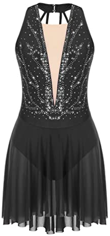 TiaoBug Eiskunstlauf Kleid Damen Ballettkleid Patchwork Mesh Strass Ballettanzug Gymnastikanzug Tanzkleid Skater Tutu Rock Schwarz K M