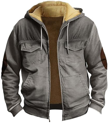 DHYUEN Herren-Jacken Slim Fit Fleecejacke Herren Schwarz Neu Winterjacke Männer Winter Jacket Men Multi Taschen Arbeitsjacke Herren Winter Half Zip Fleecejacke Herren Mit Kapuze(2-Gray,XXL)