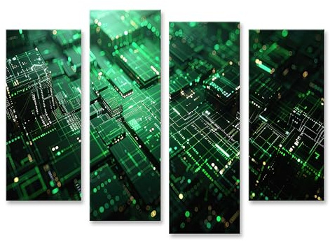 islandburner Bild auf Leinwand Detailaufnahme Einer beleuchteten Leiterplatte mit grünen Pfaden & Bokeh-Effekten Computerraum IT-Fachhandel Wandbilder Bilder