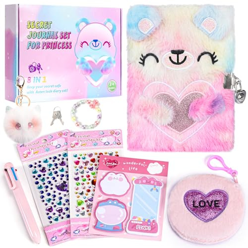 Diario per ragazze dagli 8 ai 12 anni, diario per ragazze con lucchetto e chiave, diario per bambini per bambine regalo di compleanno, grazioso taccuino con penna multicolore e borsa, diario sfocato