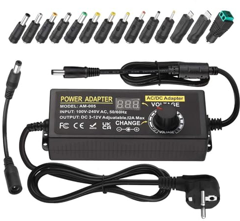 Towisituati Universal Netzteil 12V 12A, Verstellbarer Netzadapter 3V-12V 144W Einstellbares Netzteil 100V-240V AC to DC 3V 4.5V 5V 6V 7.5V 9V 12V 1A 2A 3A 4A 5A 10A mit 14 DC Steckern