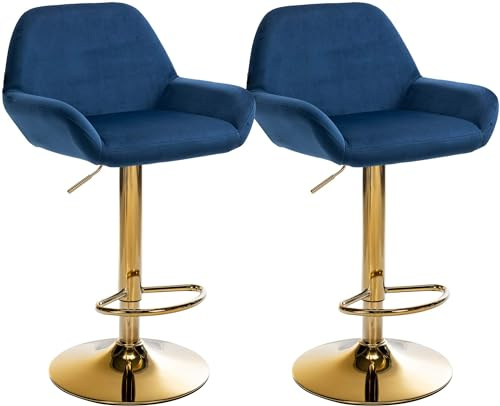 CLP 2er Set Barhocker Braga Samtbezug Gold-Gestell I höhenverstellbar und 360 drehbar I moderner Barstuhl mit Fußstütze für Küche und Bar | Farbe blau