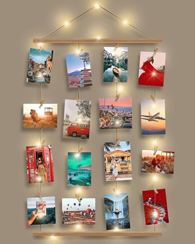 Picture Frames Collage Wall Decor, Picture Board for Photos Polariod Display with 30 Clips and Adjustable Strings, 15FT String Light, Artwork Hanging Multiple Pictures Hangers, 14.6L X 27.6W