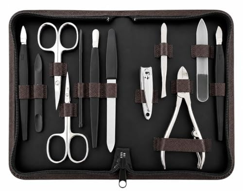 12teiliges Solingen* Maniküre Set mit Leder-Etui Nagelpflege, Braun
