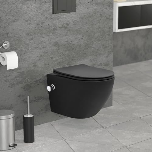 LuxeBath WC Suspendido con Función Bidé Negro de Cerámica, Inodoro Colgante 49 cm Corto con Cierre Suave Descarga Profunda de Tornado para Baño, Wáter con Asiento Extraíble y Tapa Brillante Softclose