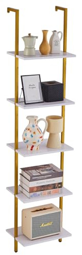 VEVOR Industrial Square Pipe Shelf 5 Tier 15.6x11.8in Wall-Mount Floating Rustic Wood Shelves Bracket Display Bookshelf Storage Rack Sundries Holder for Kitchen Bedroom Bathroom Living Room Gold White