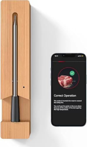 Fleischthermometer Kabellos, Bluetooth Grillthermometer mit App, IP67 Wasserdicht Bratenthermometer Kabellos, Meat Grill Thermometer für Backofen Grill Smoker Rotisserie Airfryer