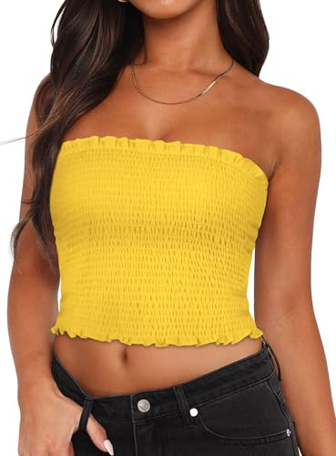 Tubes Tops d'été pour femme, dos nu, plissé, coupe ajustée, sans manches, jaune, M