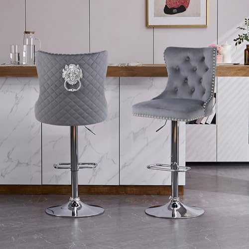 KHISCHMO Moderne Samt Barhocker 2er Set, Höhenverstellbar, 360° drehbar, Tresenhocker mit Lehne, Löwenkopf-Design, Barstuhl für Küche und Theke, Grau/Silber