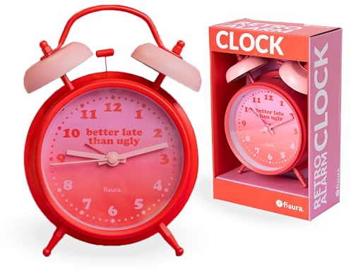Fisura - Analoger Wecker in Rosa und Rot ohne Ticken, Nachttischuhr mit LED-Nachtlicht, Alarm mit Spruch Better Late Than Ugly“. Maße: 11,7x5,5x16 cm. Metall. 1x AA-Batterie (Nicht enthalten).