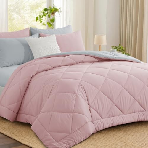 Aisbo Coverless Duvet Single 10.5 Tog - 135x 200cm, Pink Cosy and Lightweight Quilt, Reversible Comforter with Pillowcase, Pink/Grey