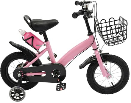 MEHOOSPVN Kinderfahrrad 12 Zoll Kinder Fahrrad ab 3-5 Jahren Höhe Einstellen Kinder Fahrrad mit Stützräder Aufbewahrungskorb Kettenschutz Rutschfeste, Verschleißfeste Reifen für Jungen & Mädchen, Rosa