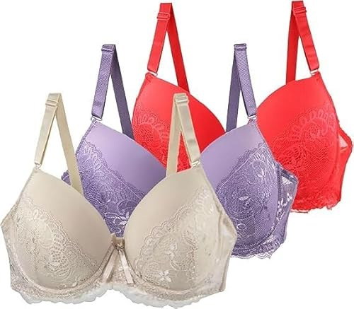 3er Pack BHS Damen mit Bügel Push Up Sexy BH Set Frauen Starker Halt Große Brüste Klassische Spitzen-BH Set Bequemer Unterwäsche Women Bra für Alltag