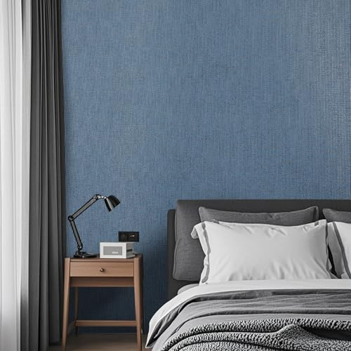 Tarwanear Plain Blue Wallpaper for Bedroom Thick Dark Blue Bedroom Wallpaper with Faux Linen Textured Matte Plain Pattern Look Like Fabric Wall Paper for Adults Kids Teenager Room Feature Wall