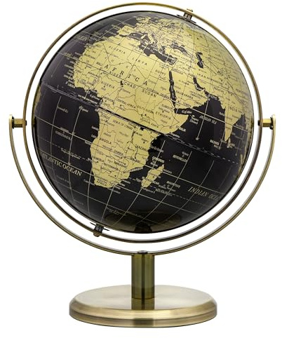 Exerz 20 cm schwarzer Globus, Metallbogen und Basis, bronzefarben – Weltkugel in alle Richtungen um 360° drehbar – moderne Karte