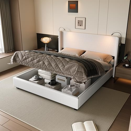 JYNVO Dubbelsäng 140 x 200 cm med hydrauliskt förvaringsutrymme, stoppad säng med justerbar lä och USB-port, manchestersäng med förvaringsutrymme, vit modern säng, ribbotten, utan madrass