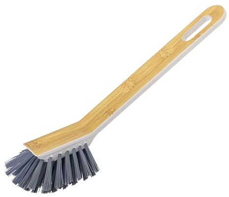 Vigar Oval Dish Brush with Handle, 18.5x5.5x24cm, Grey Dish Brush with Bamboo Print Handle, Dish Scrubber for Dishes, Tumbler and Glass Water Bottles