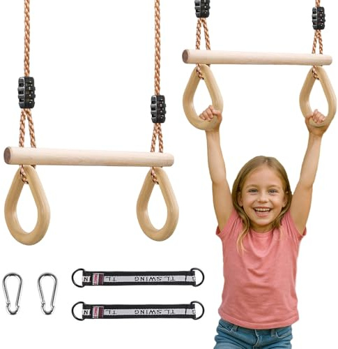 Trapez Schaukel für Kinder - Holzschaukel mit höhenverstellbarem Seil & Karabiner, Turngeräte mit Holzringen, Turnringe Kinder für Innen & Außen, Spielplatz & Garten geeignet