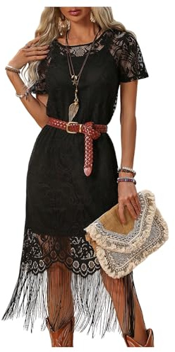 WDIRARA Women's Western Concert 2 Piece Outfits Short Sleeve Sheer Fringe Dress and Cami Dress Set Black Small