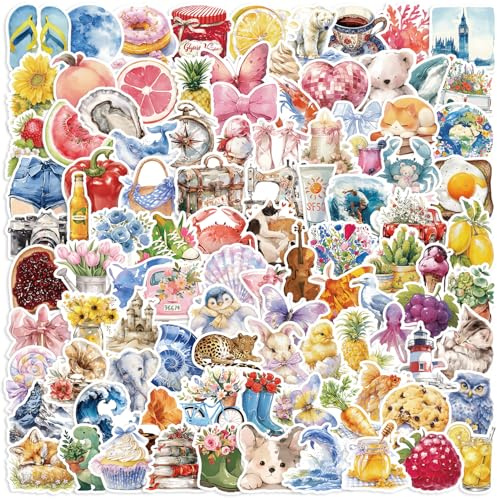 200PCS Watercolour Aesthetic Stickers – Holographic Star Gloss, Waterproof Vinyl Decals for Water Bottles, Laptops, Journals & Scrapbooks – Cute Animals, Flowers, Food, Ocean & Travel, 6–7 cm